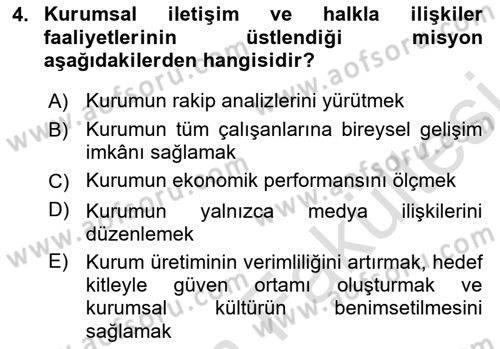 Kurumiçi Halkla İlişkiler Dersi 2025 - 2026 Yılı (Vize) Ara Sınav Soruları 4. Soru