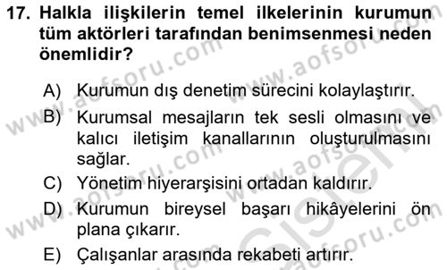 Kurumiçi Halkla İlişkiler Dersi 2025 - 2026 Yılı (Final) Dönem Sonu Sınav Soruları 17. Soru