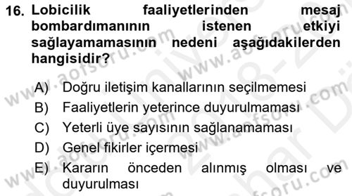 Lobicilik Ve Halkla İlişkiler Dersi 2018 - 2019 Yılı (Vize) Ara Sınav Soruları 16. Soru
