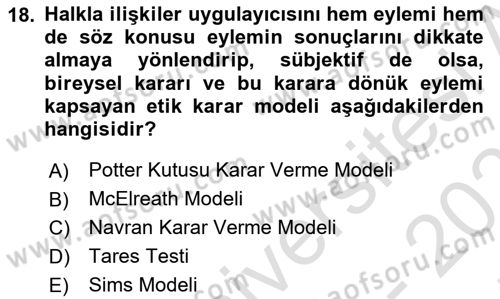 Lobicilik Ve Halkla İlişkiler Dersi 2021 - 2022 Yılı (Final) Dönem Sonu Sınav Soruları 18. Soru