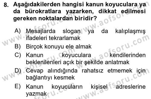 Lobicilik Ve Halkla İlişkiler Dersi 2021 - 2022 Yılı Yaz Okulu Sınav Soruları 8. Soru