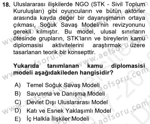 Kamu Diplomasisi Ve Uluslararası Halkla İlişkiler Dersi 2017 - 2018 Yılı (Vize) Ara Sınav Soruları 18. Soru
