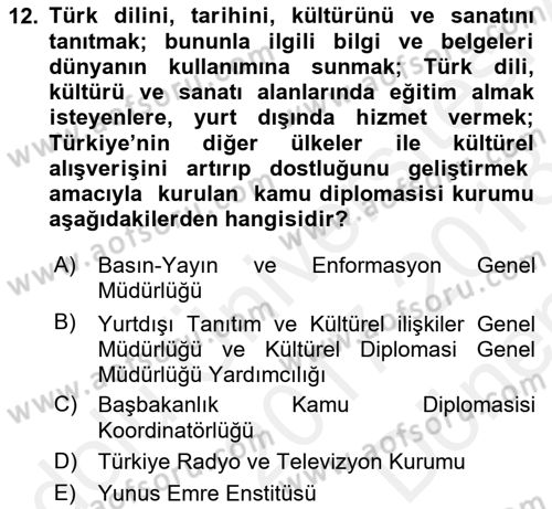 Kamu Diplomasisi Ve Uluslararası Halkla İlişkiler Dersi 2017 - 2018 Yılı (Final) Dönem Sonu Sınavı 12. Soru