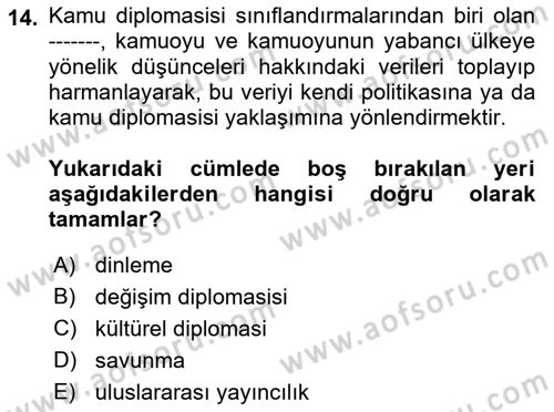 Kamu Diplomasisi Ve Uluslararası Halkla İlişkiler Dersi 2018 - 2019 Yılı (Vize) Ara Sınavı 14. Soru