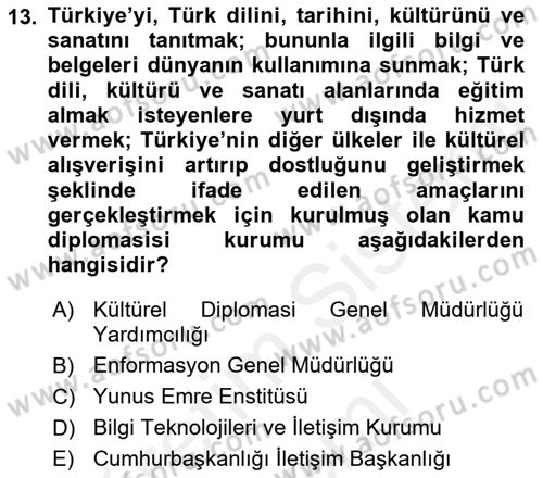 Kamu Diplomasisi Ve Uluslararası Halkla İlişkiler Dersi 2018 - 2019 Yılı (Final) Dönem Sonu Sınavı 13. Soru