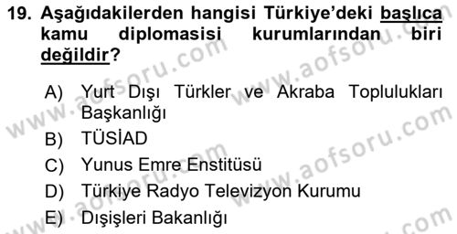 Kamu Diplomasisi Ve Uluslararası Halkla İlişkiler Dersi 2018 - 2019 Yılı (Final) Dönem Sonu Sınavı 19. Soru