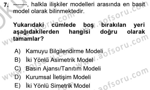 Kamu Diplomasisi Ve Uluslararası Halkla İlişkiler Dersi 2018 - 2019 Yılı Yaz Okulu Sınav Soruları 7. Soru