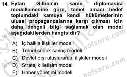 Kamu Diplomasisi Ve Uluslararası Halkla İlişkiler Dersi 2021 - 2022 Yılı (Vize) Ara Sınav Soruları 14. Soru