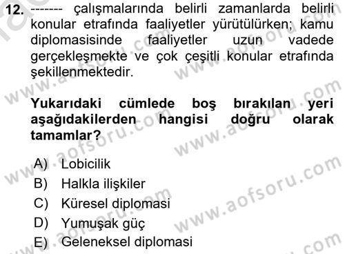 Kamu Diplomasisi Ve Uluslararası Halkla İlişkiler Dersi 2021 - 2022 Yılı Yaz Okulu Sınav Soruları 12. Soru