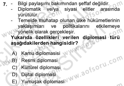 Kamu Diplomasisi Ve Uluslararası Halkla İlişkiler Dersi 2023 - 2024 Yılı (Vize) Ara Sınav Soruları 7. Soru
