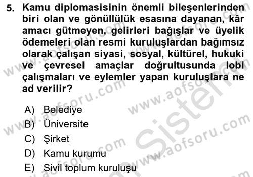 Kamu Diplomasisi Ve Uluslararası Halkla İlişkiler Dersi 2023 - 2024 Yılı (Final) Dönem Sonu Sınav Soruları 5. Soru