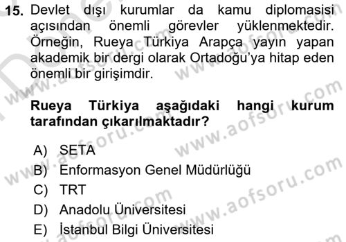 Kamu Diplomasisi Ve Uluslararası Halkla İlişkiler Dersi 2024 - 2025 Yılı (Final) Dönem Sonu Sınav Soruları 15. Soru