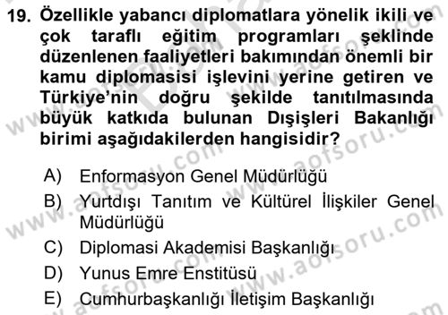 Kamu Diplomasisi Ve Uluslararası Halkla İlişkiler Dersi 2024 - 2025 Yılı (Final) Dönem Sonu Sınav Soruları 19. Soru