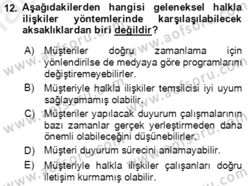 Sürdürülebilirlik ve Halkla İlişkiler Dersi 2017 - 2018 Yılı (Final) Dönem Sonu Sınav Soruları 12. Soru