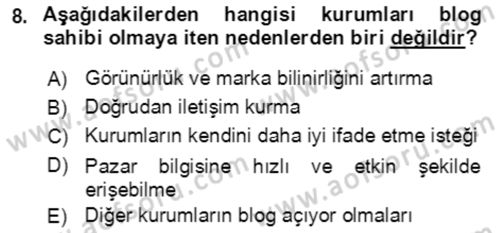 Sürdürülebilirlik ve Halkla İlişkiler Dersi 2017 - 2018 Yılı (Final) Dönem Sonu Sınav Soruları 8. Soru