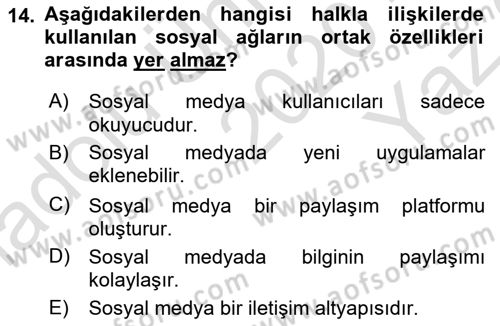 Sürdürülebilirlik ve Halkla İlişkiler Dersi 2020 - 2021 Yılı Yaz Okulu Sınav Soruları 14. Soru