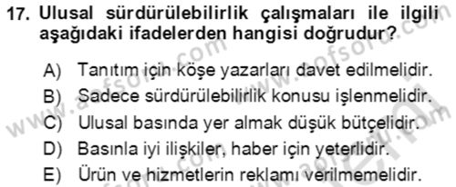 Sürdürülebilirlik ve Halkla İlişkiler Dersi 2021 - 2022 Yılı (Final) Dönem Sonu Sınav Soruları 17. Soru