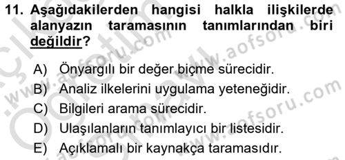 Sürdürülebilirlik ve Halkla İlişkiler Dersi 2021 - 2022 Yılı Yaz Okulu Sınav Soruları 11. Soru