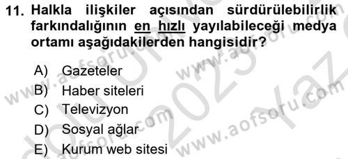 Sürdürülebilirlik ve Halkla İlişkiler Dersi 2023 - 2024 Yılı Yaz Okulu Sınav Soruları 11. Soru