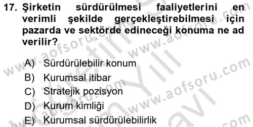 Sürdürülebilirlik ve Halkla İlişkiler Dersi 2025 - 2026 Yılı (Vize) Ara Sınav Soruları 17. Soru