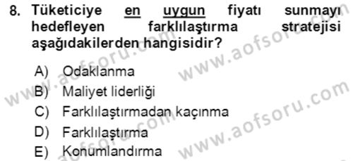 Hizmet Pazarlaması Dersi 2021 - 2022 Yılı (Vize) Ara Sınav Soruları 8. Soru