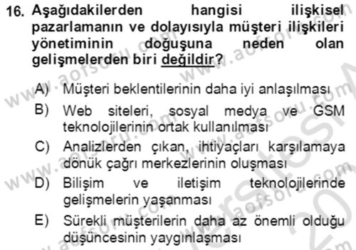 Hizmet Pazarlaması Dersi 2021 - 2022 Yılı (Final) Dönem Sonu Sınav Soruları 16. Soru