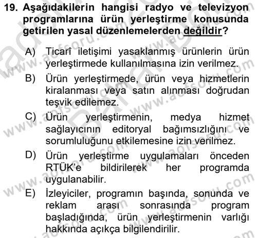 Medyada Yapım	 Dersi 2021 - 2022 Yılı (Final) Dönem Sonu Sınav Soruları 19. Soru
