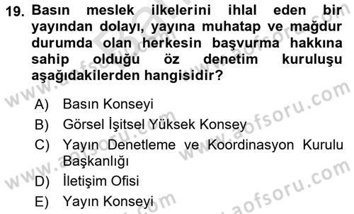 Medyada Yapım	 Dersi 2024 - 2025 Yılı (Final) Dönem Sonu Sınav Soruları 19. Soru