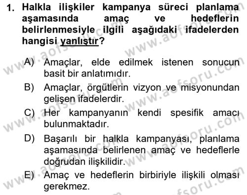 Halkla İlişkiler Kampanya Analizi Dersi Ara Sınavı Deneme Sınav Soruları 1. Soru