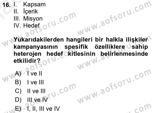 Halkla İlişkiler Kampanya Analizi Dersi Ara Sınavı Deneme Sınav Soruları 16. Soru