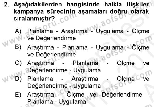Halkla İlişkiler Kampanya Analizi Dersi Ara Sınavı Deneme Sınav Soruları 2. Soru
