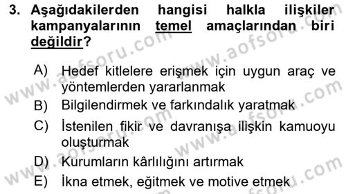 Halkla İlişkiler Kampanya Analizi Dersi Ara Sınavı Deneme Sınav Soruları 3. Soru