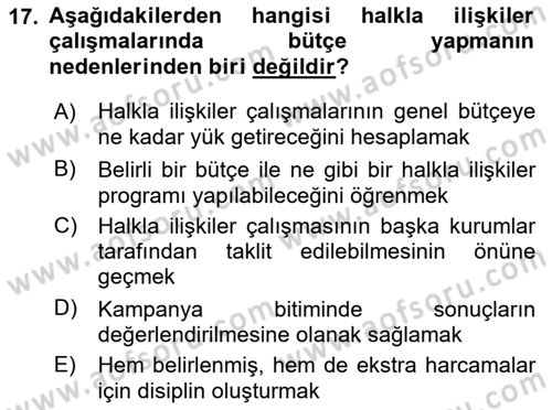 Halkla İlişkiler Kampanya Analizi Dersi 2018 - 2019 Yılı (Final) Dönem Sonu Sınav Soruları 17. Soru
