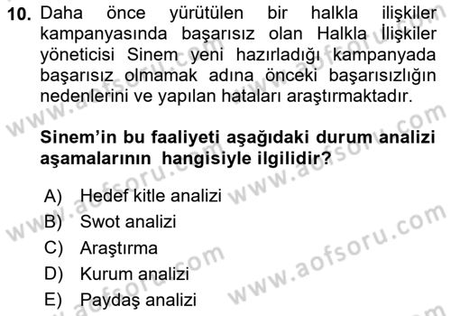 Halkla İlişkiler Kampanya Analizi Dersi 2020 - 2021 Yılı Yaz Okulu Sınav Soruları 10. Soru