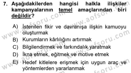 Halkla İlişkiler Kampanya Analizi Dersi 2020 - 2021 Yılı Yaz Okulu Sınav Soruları 7. Soru