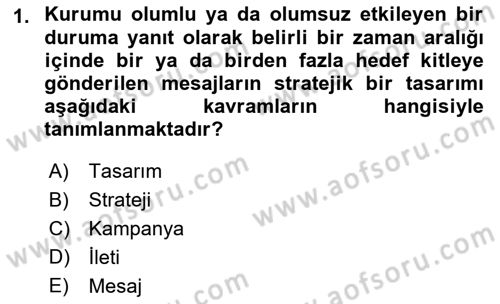 Halkla İlişkiler Kampanya Analizi Dersi Ara Sınavı Deneme Sınav Soruları 1. Soru