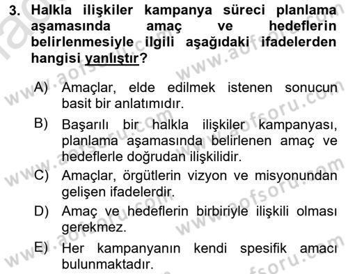 Halkla İlişkiler Kampanya Analizi Dersi Ara Sınavı Deneme Sınav Soruları 3. Soru