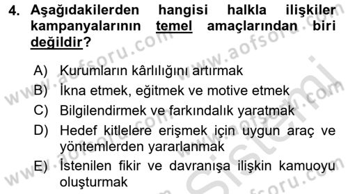 Halkla İlişkiler Kampanya Analizi Dersi Ara Sınavı Deneme Sınav Soruları 4. Soru