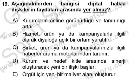 Halkla İlişkiler Kampanya Analizi Dersi 2021 - 2022 Yılı (Final) Dönem Sonu Sınav Soruları 19. Soru