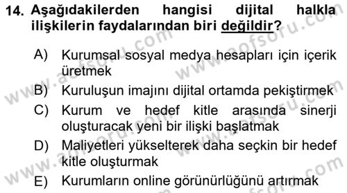 Halkla İlişkiler Kampanya Analizi Dersi 2021 - 2022 Yılı Yaz Okulu Sınav Soruları 14. Soru