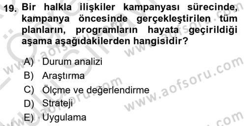 Halkla İlişkiler Kampanya Analizi Dersi 2021 - 2022 Yılı Yaz Okulu Sınav Soruları 19. Soru