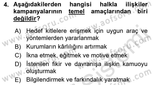 Halkla İlişkiler Kampanya Analizi Dersi 2021 - 2022 Yılı Yaz Okulu Sınav Soruları 4. Soru