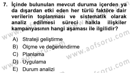 Halkla İlişkiler Kampanya Analizi Dersi 2021 - 2022 Yılı Yaz Okulu Sınav Soruları 7. Soru