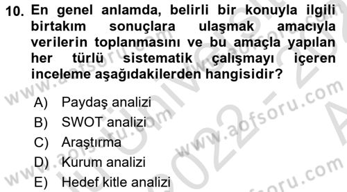 Halkla İlişkiler Kampanya Analizi Dersi Ara Sınavı Deneme Sınav Soruları 10. Soru