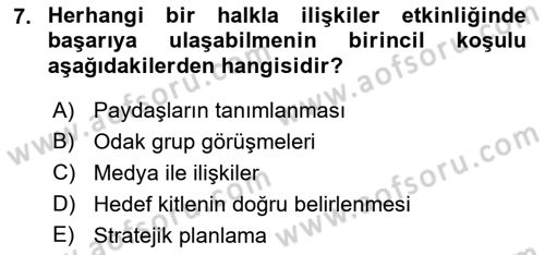 Halkla İlişkiler Kampanya Analizi Dersi Ara Sınavı Deneme Sınav Soruları 7. Soru