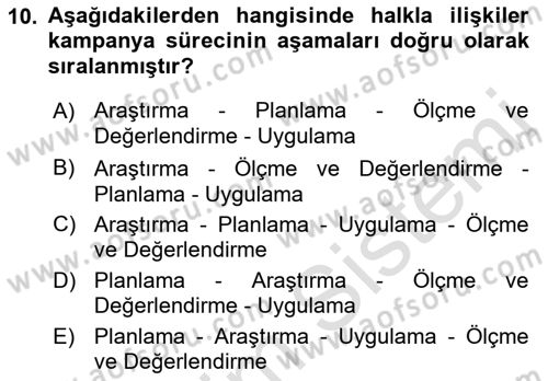 Halkla İlişkiler Kampanya Analizi Dersi 2022 - 2023 Yılı Yaz Okulu Sınav Soruları 10. Soru