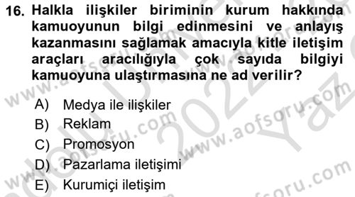 Halkla İlişkiler Kampanya Analizi Dersi 2022 - 2023 Yılı Yaz Okulu Sınav Soruları 16. Soru