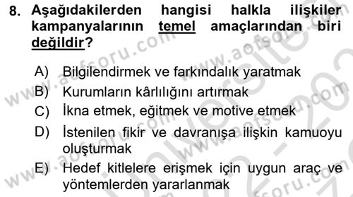 Halkla İlişkiler Kampanya Analizi Dersi 2022 - 2023 Yılı Yaz Okulu Sınav Soruları 8. Soru