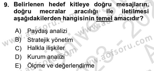 Halkla İlişkiler Kampanya Analizi Dersi Ara Sınavı Deneme Sınav Soruları 9. Soru