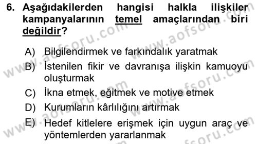 Halkla İlişkiler Kampanya Analizi Dersi 2023 - 2024 Yılı (Final) Dönem Sonu Sınav Soruları 6. Soru